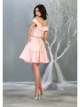 MQ 1815 - Off the Shoulder Satin A-Line Homecoming Dress with Beaded Belt & Pockets Homecoming Mayqueen   