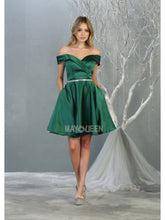 MQ 1815 - Off the Shoulder Satin A-Line Homecoming Dress with Beaded Belt & Pockets Homecoming Mayqueen 6 Hunter Green 