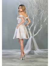 MQ 1815 - Off the Shoulder Satin A-Line Homecoming Dress with Beaded Belt & Pockets Homecoming Mayqueen   
