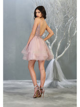 MQ 1816 - Beaded Lace Embroidered A-Line Homecoming Dress with V-Neck Open Back & Tulle Skirt Homecoming Mayqueen   