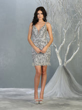MQ 1829 - Glitter Patterned Short Fitted Homecoming Dress with Plunging V-Neck & Low Open Back Homecoming Mayqueen 4 SILVER 