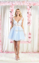 MQ 1863 - Short A-Line Homecoming Dress with 3D Applique Sheer Bodice V-Neck & Layered Tulle Skirt Homecoming Mayqueen 2 BABY BLUE 