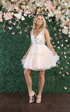 MQ 1863 - Short A-Line Homecoming Dress with 3D Applique Sheer Bodice V-Neck & Layered Tulle Skirt Homecoming Mayqueen 2 BLUSH 