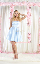 MQ 1865 - Short Satin Homecoming Dress with High Neck Silver Belt Spaghetti Straps & Side Pockets HOMECOMING Diggz Prom 6 BABY BLUE 