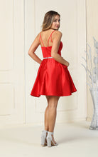 MQ 1865 - Short Satin Homecoming Dress with High Neck Silver Belt Spaghetti Straps & Side Pockets HOMECOMING Diggz Prom   