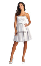 MQ 1865 - Short Satin Homecoming Dress with High Neck Silver Belt Spaghetti Straps & Side Pockets HOMECOMING Diggz Prom 2 SILVER 