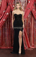 MQ 1887 - Strapless Stretch Satin Fit & Flare Prom Gown with Sheer Bead Lace Boned Corset Bodice & Leg Slit Prom Dress Mayqueen 2 BLACK 