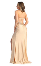 MQ 1887 - Strapless Stretch Satin Fit & Flare Prom Gown with Sheer Bead Lace Boned Corset Bodice & Leg Slit Prom Dress Mayqueen   
