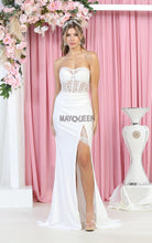 MQ 1887 - Strapless Stretch Satin Fit & Flare Prom Gown with Sheer Bead Lace Boned Corset Bodice & Leg Slit Prom Dress Mayqueen 2 IVORY 