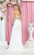 MQ 1887 - Fit & Flare Prom Gown with Sheer Bead Embellished Corset Bodice Satin Wrapped Skirt & Leg Slit Prom Dress Mayqueen   