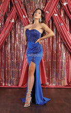 MQ 1887 - Strapless Stretch Satin Fit & Flare Prom Gown with Sheer Bead Lace Boned Corset Bodice & Leg Slit Prom Dress Mayqueen 2 ROYAL BLUE 