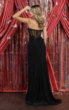 MQ 1887 - Strapless Stretch Satin Fit & Flare Prom Gown with Sheer Bead Lace Boned Corset Bodice & Leg Slit Prom Dress Mayqueen   