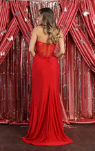 MQ 1887 - Fit & Flare Prom Gown with Sheer Bead Embellished Corset Bodice Satin Wrapped Skirt & Leg Slit Prom Dress Mayqueen   