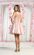 MQ 1890 - Short A-Line Homecoming Dress with 3D Applique V-Neck Bodice Corset Back & Glitter Print Skirt HOMECOMING Mayqueen   