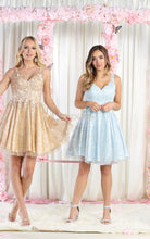 MQ 1890 - Short A-Line Homecoming Dress with 3D Applique V-Neck Bodice Corset Back & Glitter Print Skirt HOMECOMING Mayqueen 8 CHAMPAGNE 