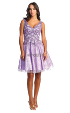 MQ 1890 - Short A-Line Homecoming Dress with 3D Applique V-Neck Bodice Corset Back & Glitter Print Skirt HOMECOMING Mayqueen 4 LILAC 