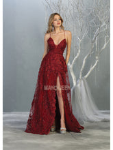 MQ 7738 - Bead Embellished 3D Floral over Lace & Scalloped Hemline Prom Gown with Open Corset Back & Leg Slit PROM GOWN Mayqueen 2 BURGUNDY 