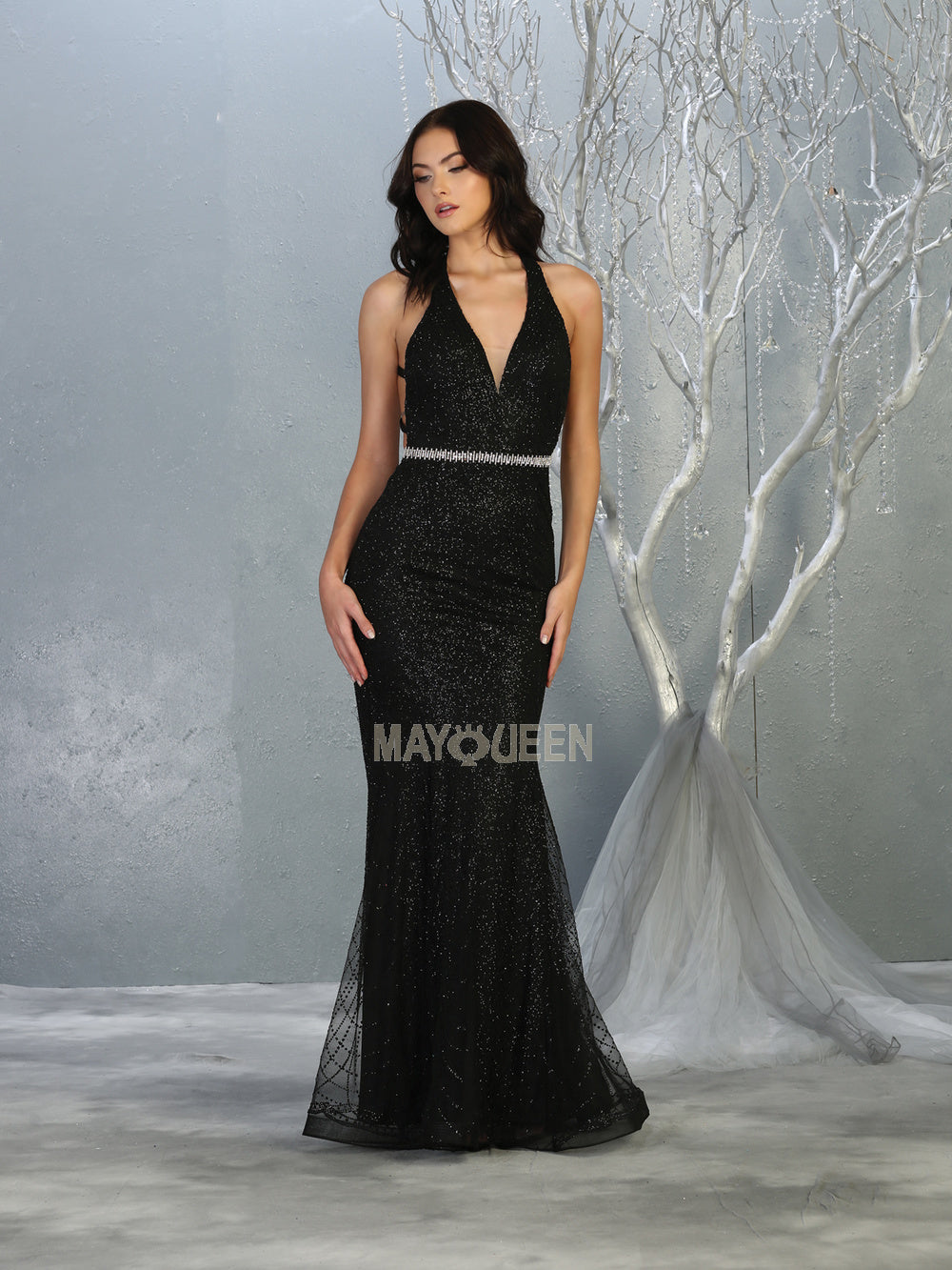 MQ 7797 - Glitter Print Fit & Flare Prom Gown with V-Neck Open Strappy Back & Rhinestone Belt Prom Dress Mayqueen 4 Black 