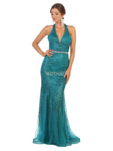 MQ 7797 - Glitter Print Fit & Flare Prom Gown with V-Neck Open Strappy Back & Rhinestone Belt Prom Dress Mayqueen   