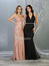MQ 7797 - Glitter Print Fit & Flare Prom Gown with V-Neck Open Strappy Back & Rhinestone Belt Prom Dress Mayqueen 4 Rosegold 