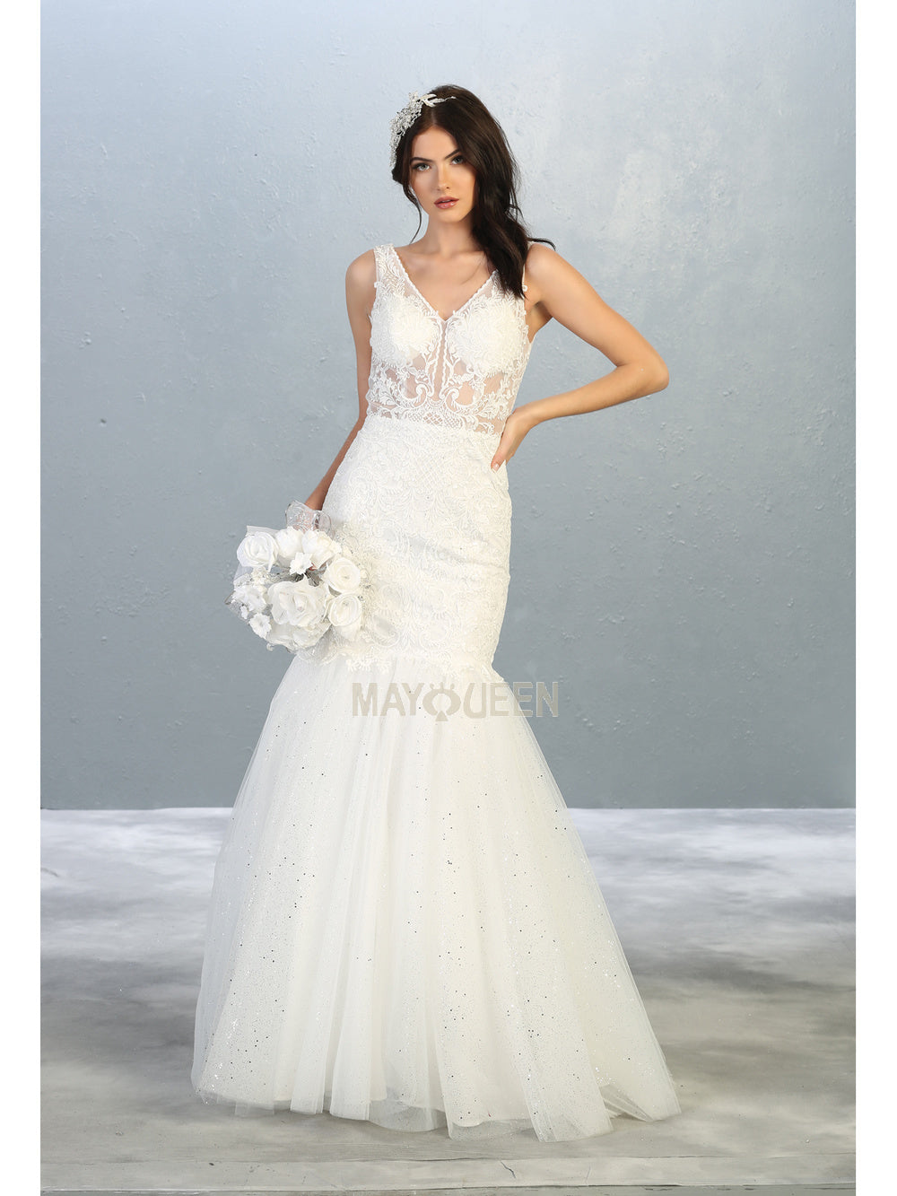 MQ 7849 W - Lace & Bead Embellished Mermaid Wedding Gown with Illusion Bodice V-Neck & Tulle Skirt Wedding Gown Mayqueen 4 ivory 