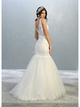 MQ 7849 W - Lace & Bead Embellished Mermaid Wedding Gown with Illusion Bodice V-Neck & Tulle Skirt Wedding Gown Mayqueen   