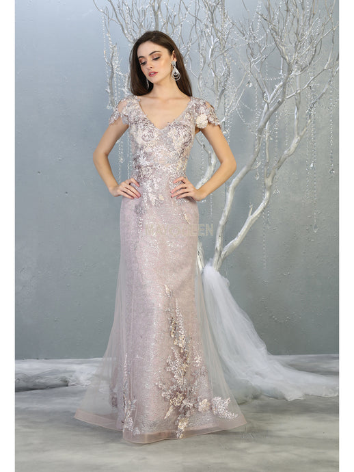 MQ 7870 - Fit & Flare Prom Gown with Floral Applique Bodice & Skirt PROM GOWN Mayqueen 6 MAUVE 