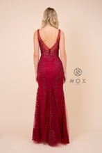 N A398 - Bead Lace Appliqued Fit & Flare Prom Gown with V-Neck & Open Back PROM GOWN Nox   