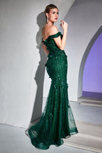 CD CB096 - Off the Shoulder Glitter Print Fit & Flare Prom Gown with 3D Floral Embellishments PROM GOWN Cinderella Divine 4 EMERALD 