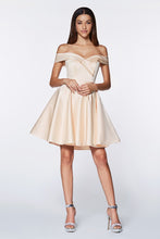 CD CD0140 - Short Satin Off the Shoulder Homecoming Dress with Sweet Heart Neck & Rhinestone Belt Homecoming Cinderella Divine XS CHAMPAGNE 
