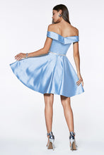CD CD0140 - Short Satin Off the Shoulder Homecoming Dress with Sweet Heart Neck & Rhinestone Belt Homecoming Cinderella Divine   