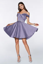 CD CD0140 - Short Satin Off the Shoulder Homecoming Dress with Sweet Heart Neck & Rhinestone Belt Homecoming Cinderella Divine XS FRENCH LILAC 