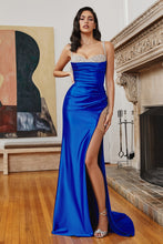 CD CD2215 - Pleated Stretch Satin Fit & Flare Prom Gown with Bead Accented Sweetheart Neck & Leg Slit PROM GOWN Cinderella Divine 2 ROYAL 