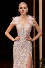 CD CD248 - Feathered Iridescent Full Sequin Fit & Flare Prom Gown with Leg Slit PROM GOWN Cinderella Divine   