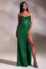 CD CD254 -Shimmery Fit & Flare Prom Gown with Boned Corset Bodice & Cowl Neck Open Lace Up Back & Leg Slit Prom Gown Cinderella Divine 2 EMERALD 