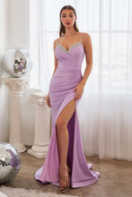 CD CD888 - Gathered Stretch Satin Fit & Flare Prom Gown with Bead Accented V-Neck Lace Up Corset Back & Leg Slit PROM GOWN Cinderella Divine 2 LAVENDER 