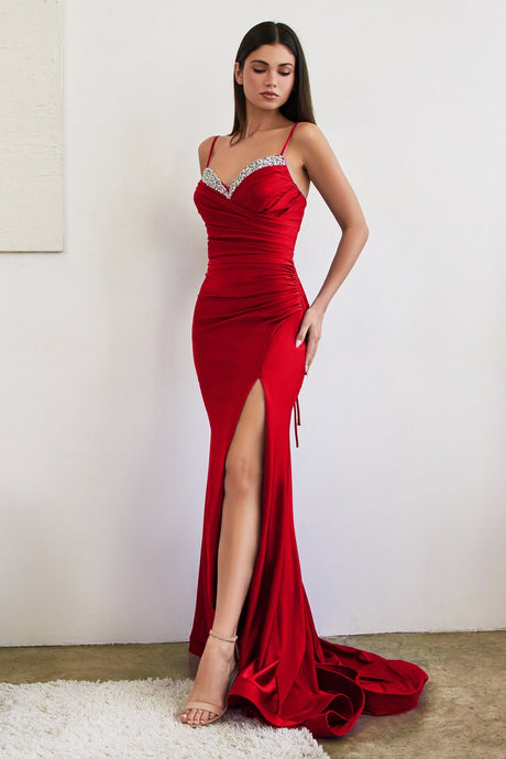 CD CD888 - Gathered Stretch Satin Fit & Flare Prom Gown with Bead Accented V-Neck Lace Up Corset Back & Leg Slit PROM GOWN Cinderella Divine 4 RED 