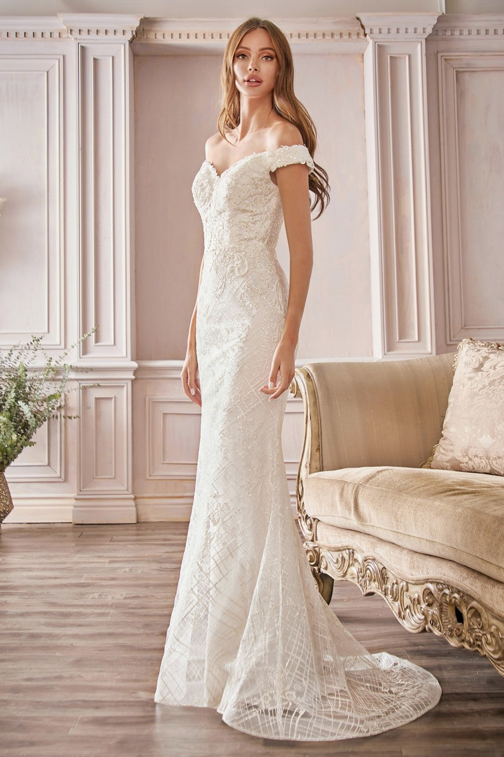 CD CD929 - Off the Shoulder Fit & Flare Wedding Gown with Floral Lace Diggz Formals CD CD929 - Off the Shoulder Fit & Flare Wedding Gown with Floral Lace Diggz Formals