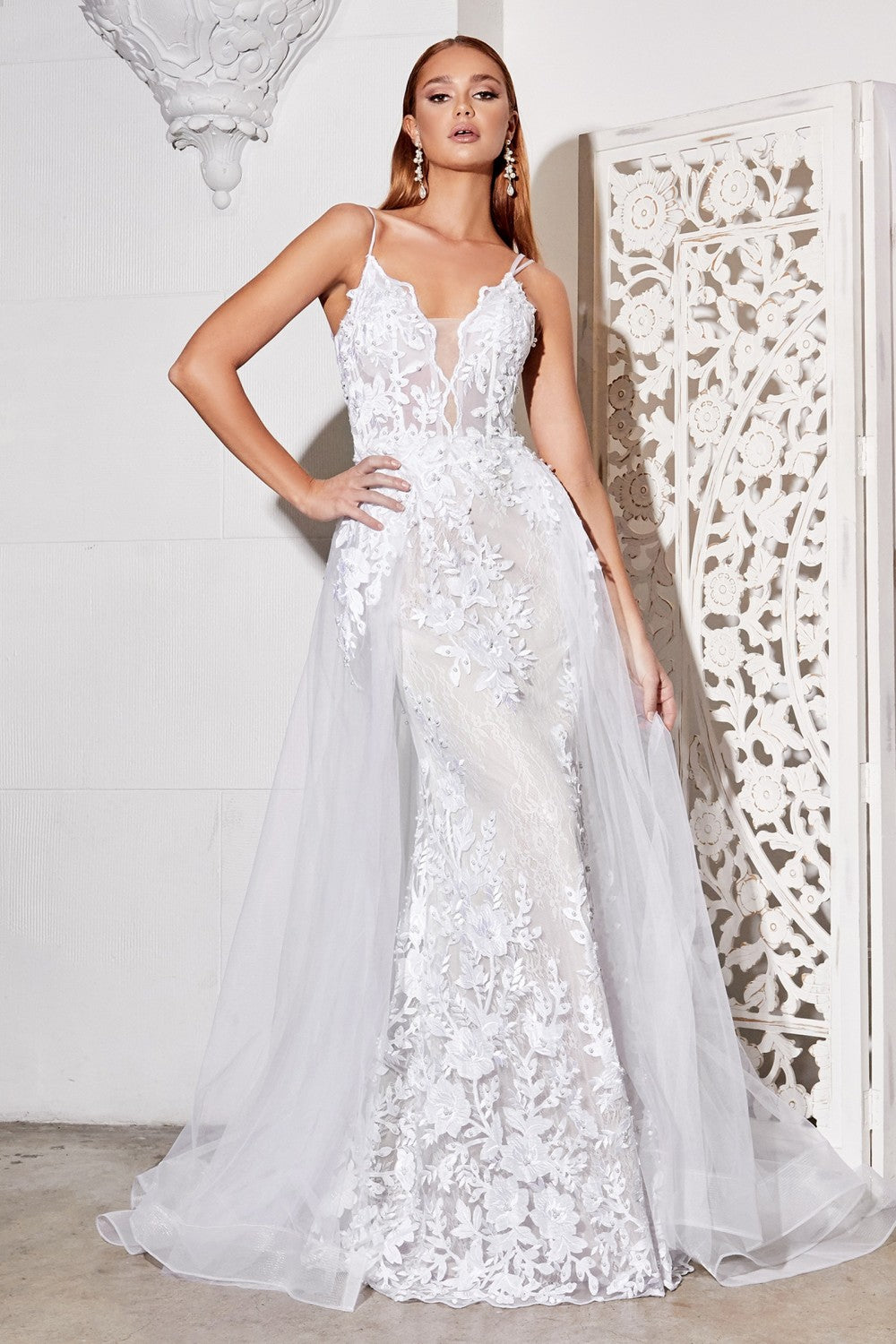 CD CD931W - Fit & Flare Wedding Gown with Layered Tulle Overskirt & Pe Diggz Formals CD CD931W - Fit & Flare Wedding Gown with Layered Tulle Overskirt & Pe Diggz Formals