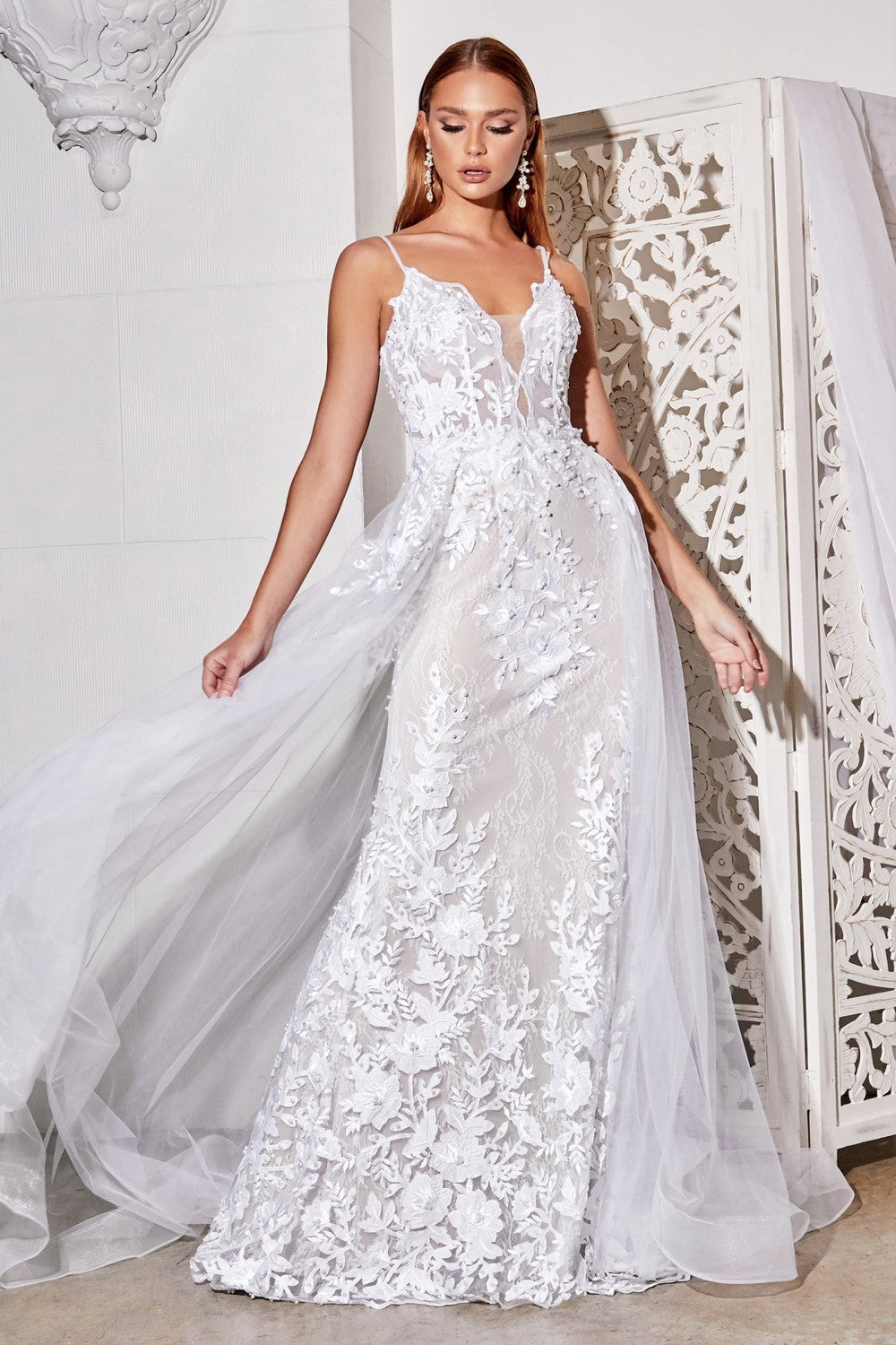 CD CD931W - Fit & Flare Wedding Gown with Layered Tulle Overskirt & Pe Diggz Formals CD CD931W - Fit & Flare Wedding Gown with Layered Tulle Overskirt & Pe Diggz Formals