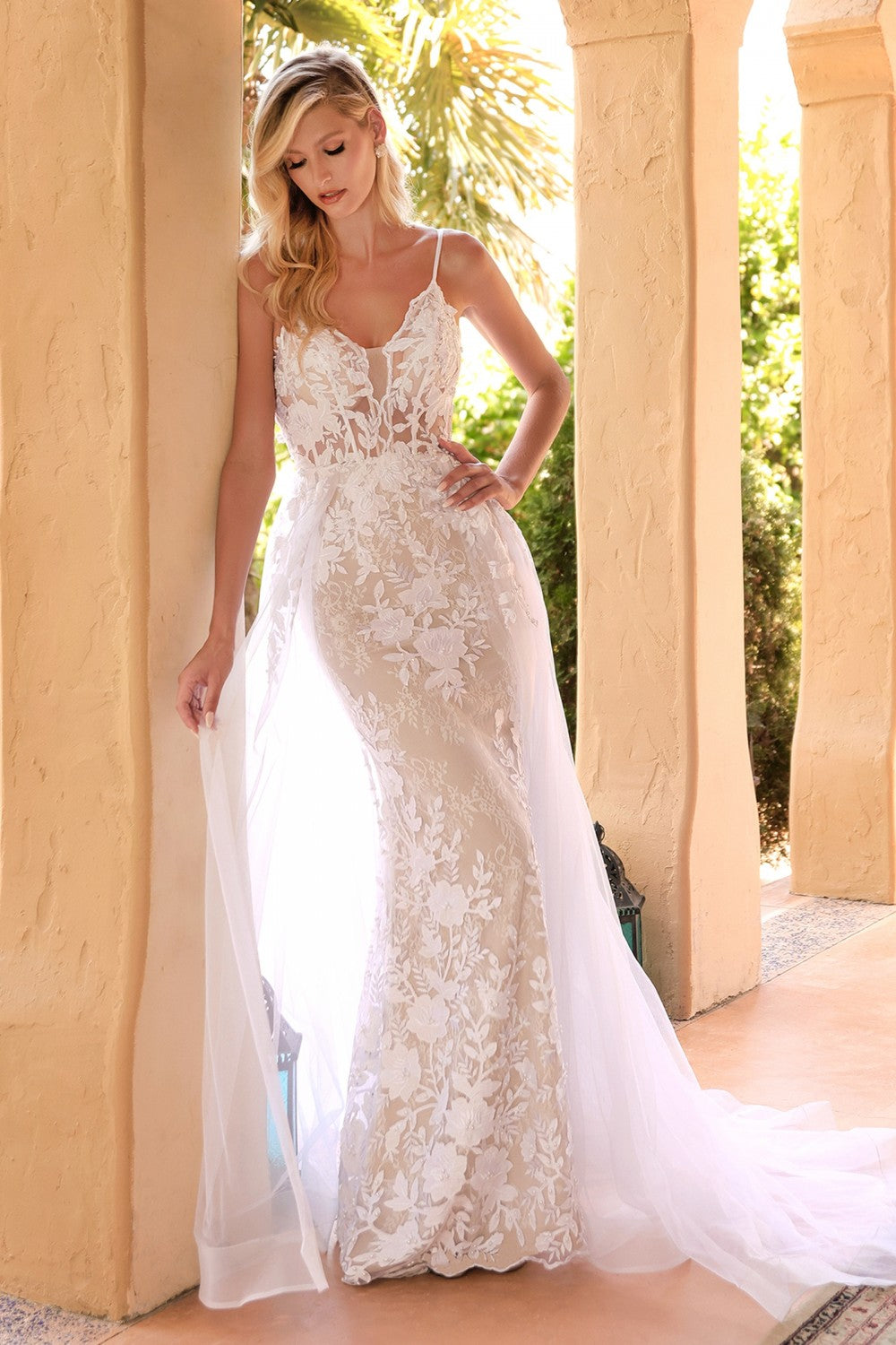 CD CD931W - Fit & Flare Wedding Gown with Layered Tulle Overskirt & Pe Diggz Formals CD CD931W - Fit & Flare Wedding Gown with Layered Tulle Overskirt & Pe Diggz Formals