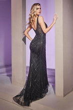 CD CD935 - Art Deco Gatsby Inspired All Over Platinum Beaded Fit & Flare Prom Gown with Plunging Illusion V-Neck & Open Back Prom Dress Cinderella Divine 4 BLACK 