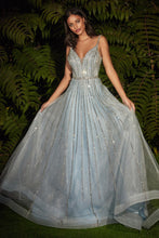 CD CD940 - Glitter Tulle A-Line Prom Gown with Spaghetti Strap V-Neck Bodice & Linear Platinum Beading Prom Dress Cinderella Divine 4 BLUE 