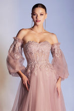 CD CD948 - Strapless A-Line Prom Gown with Sheer 3D Applique V-Neck Boned Bodice Removeable Puff Sleeves & Layered Luminescent Tulle Skirt PROM GOWN Cinderella Divine   