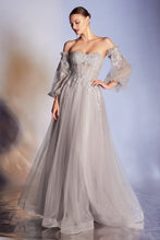CD CD948 - Strapless A-Line Prom Gown with Sheer 3D Applique V-Neck Boned Bodice Removeable Puff Sleeves & Layered Luminescent Tulle Skirt PROM GOWN Cinderella Divine 8 SILVER 