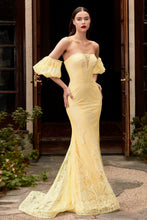 CD CD958 - Strapless Glittered Lace Fit & Flare Prom Gown with Illusion V-Neck Optional Puff Sleeves & Train Dresses Cinderella Divine 4 YELLOW 