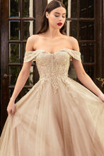 CD CD961 - Off The Shoulder A-Line Prom Gown with Sheer Lace Embellished Corset Bodice & Open Lace Up Corset Back PROM GOWN Cinderella Divine 8 CHAMPAGNE 