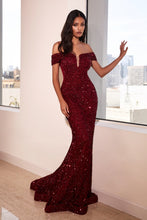 CD CD975 - Full Sequin Off the Shoulder Fit & Flare Prom Gown with Illusion V-Neck & Sheer Side Panels PROM GOWN Cinderella Divine 6 BURGUNDY 