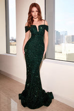 CD CD975 - Full Sequin Off the Shoulder Fit & Flare Prom Gown with Illusion V-Neck & Sheer Side Panels PROM GOWN Cinderella Divine 6 EMERALD 
