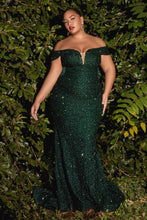 CD CD975C - Plus Size Full Sequin Off the Shoulder Plus Size Fit & Flare Prom Gown with Sheer V-Neck & Side Panels PROM GOWN Cinderella Divine 18 EMERALD 